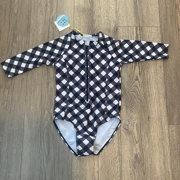 NWT Marina West Black Gingham 3/4 Sleeve Swimsuit One Piece Sz 8/9 Girls